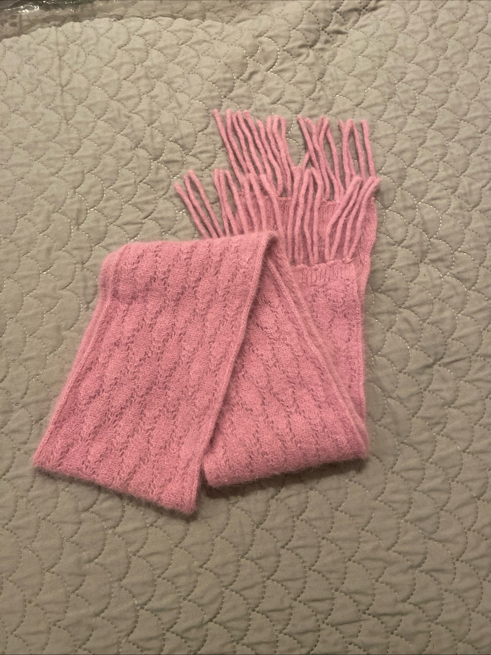 Cozy Pink Angora Cable Knit Fringe Scarf - Women Accessories